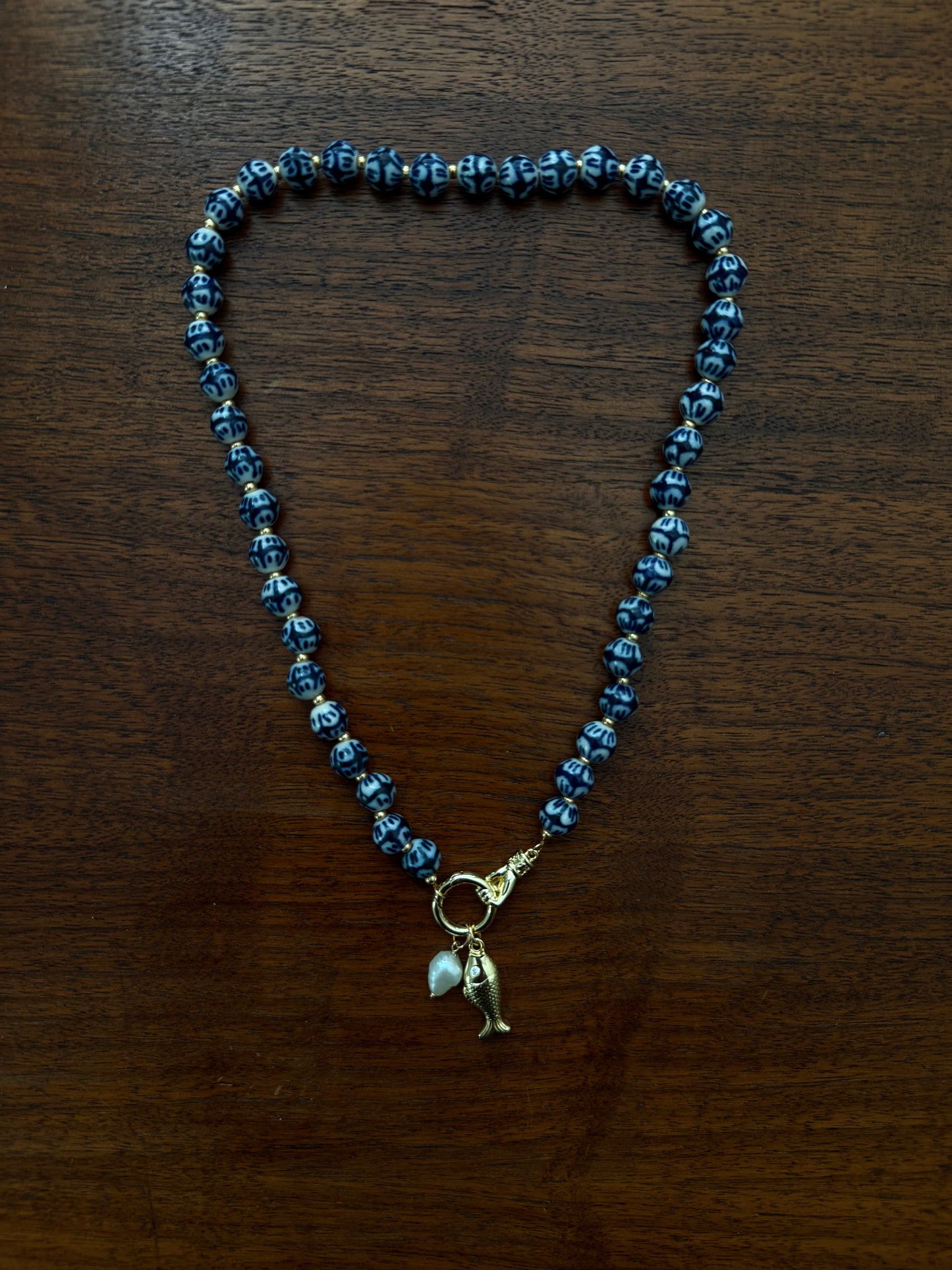 BLUE CERAMIC BEADED FISH AND PEARL