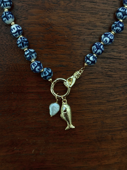 BLUE CERAMIC BEADED FISH AND PEARL